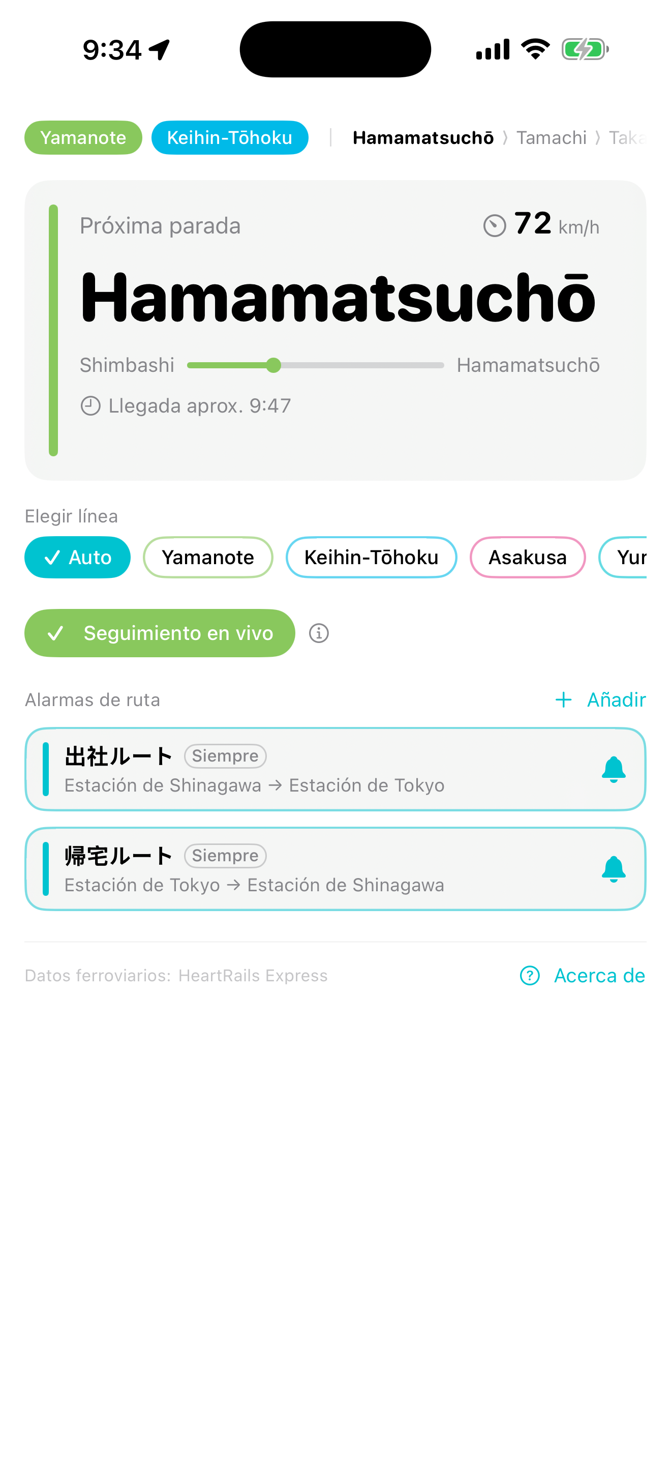 Pantalla principal en marcha: el avance entre la estación anterior y la siguiente